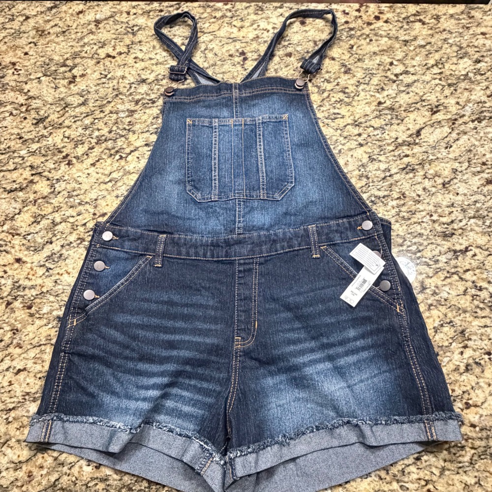 NEW No Boundaries Womens XXL 19 Dark Wash Denim Shortalls Relaxed Fit Overalls